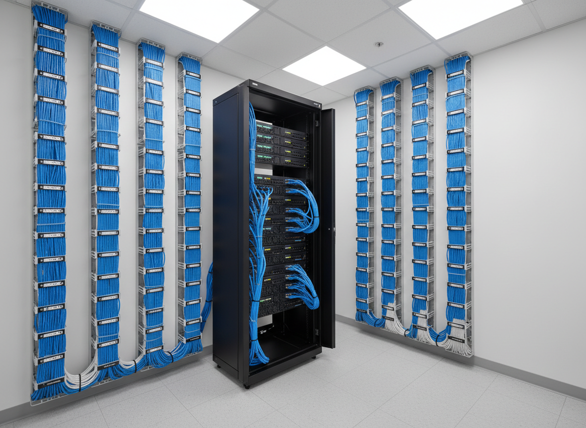 An ultra-organized server room corner showing vertical cable management filled with perfectly aligned blue and white Ethernet cables, leading into a tall black rack with structured cabling hardware, patch panels, and labeled termination points. The floor is clean, light gray anti-static tile, and the walls are neutral white, emphasizing the equipment. Bright, even LED ceiling panels provide uniform, shadow-free illumination, highlighting the neat cable paths and terminations. Photographic realism with a slightly elevated, three-quarter view, maintaining sharp focus throughout the frame. The atmosphere is technical, trustworthy, and highly professional, ideal for illustrating datacom infrastructure and best practices in cabling.