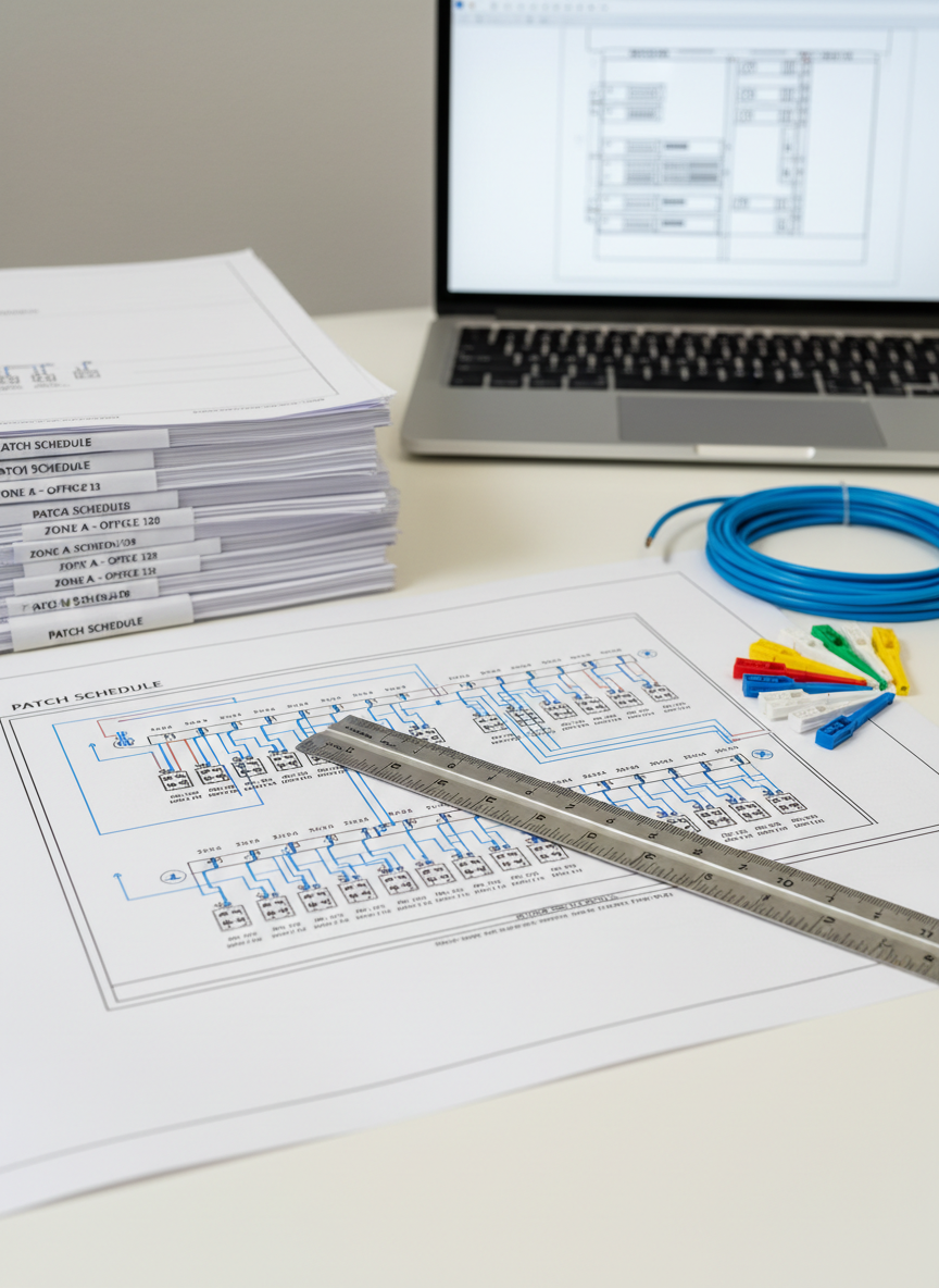 A crisp close-up of structured cabling documentation and planning tools on a white technical desk: a printed cabling layout diagram with precise lines and port labels, a stack of labeled patch schedules, a metallic ruler, and a set of color-coded cable markers resting beside a spool of slim blue cable. A laptop is partially visible in the background, softly blurred, showing a schematic on its screen. Neutral, soft studio lighting from above minimizes shadows while preserving fine line detail on the paper. Photographic realism, shot from a slightly elevated angle with balanced composition. The mood is systematic, analytical, and highly professional, representing the planning expertise behind datacom and electrical distribution.