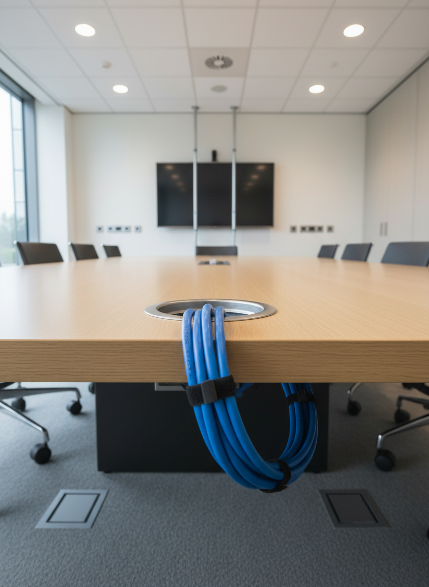 A clean, modern meeting room with visible datacom and electrical infrastructure: discreet floor boxes, wall outlets with network ports, and a cable management grommet in the center of a light oak conference table, from which a few neatly bundled blue network cables emerge and disappear under the table. The background shows a minimalist wall with a mounted display and subtle cable conduits running vertically in a tidy manner. Soft natural daylight filters through unseen windows, mixed with gentle recessed ceiling lighting, creating a bright, professional atmosphere. Photographic realism, captured from table height with a shallow depth of field, focusing on the cabling details to convey integrated, structured connectivity solutions.