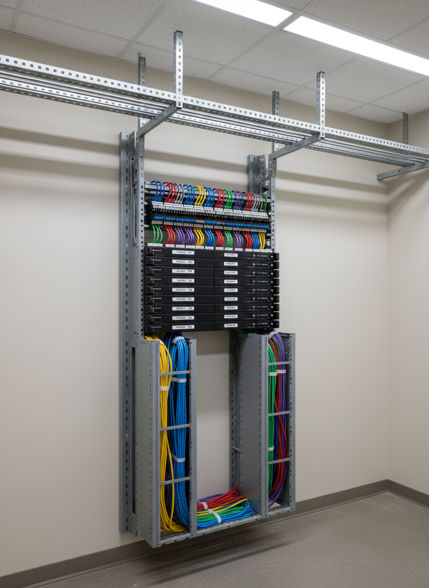 A modern office telecom closet installation featuring a gray wall-mounted rack with structured cabling components: punch-down blocks, neatly labeled patch panels, and color-organized cables running through vertical cable managers into ceiling trays. The wall is a clean, light neutral tone, and the floor is free of clutter, emphasizing a professional installation. Cool white overhead lighting combines with a subtle side light to reveal cable textures and crisp edges of the hardware. Photographic realism, shot at eye level with a slight angle to show depth and routing paths. The mood is orderly, dependable, and technically competent, perfectly suited to a professional datacom and electrical cabling distributor’s portfolio.