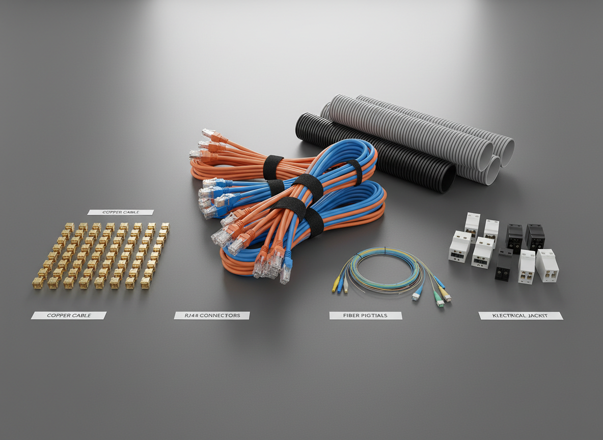 A detailed tabletop product showcase of datacom and electrical distribution items: organized coils of copper network cables, neatly lined RJ45 connectors, fiber optic pigtails, modular keystone jacks, and compact electrical conduits arranged on a smooth dark gray surface. Small white product labels sit beside each group, adding a sense of catalog clarity. Soft, diffused studio lighting from above creates gentle highlights on plastic and metal surfaces without harsh reflections, emphasizing textures and material quality. Captured from a slightly elevated angle with a centered, balanced composition in photographic realism, the mood is precise, catalog-like, and strongly focused on product quality and variety for a professional distributor.