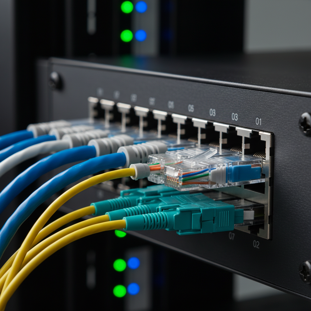 A close-up of premium category 6 and fiber optic cables emerging from a sleek black rack-mounted patch panel, each cable fitted with clearly marked connectors in precise color-coded sequence. The metal of the patch panel has a fine brushed texture, and tiny engraved port numbers are visible. The background is a softly blurred server rack with faint indicator lights glowing green and blue. Cool, controlled studio lighting creates crisp edge highlights on the cable jackets and subtle reflections on the metal faceplate. Shot with a shallow depth of field from a slightly angled perspective, conveying precision, reliability, and high-quality structured cabling in realistic photographic style.